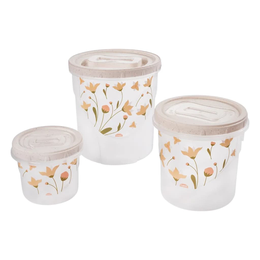 Kit 3 Potes Conjunto Porta Mantimentos Redondo Branco Floral Arroz Feijão Açucar Cozinha Organizada Pote Plasútil