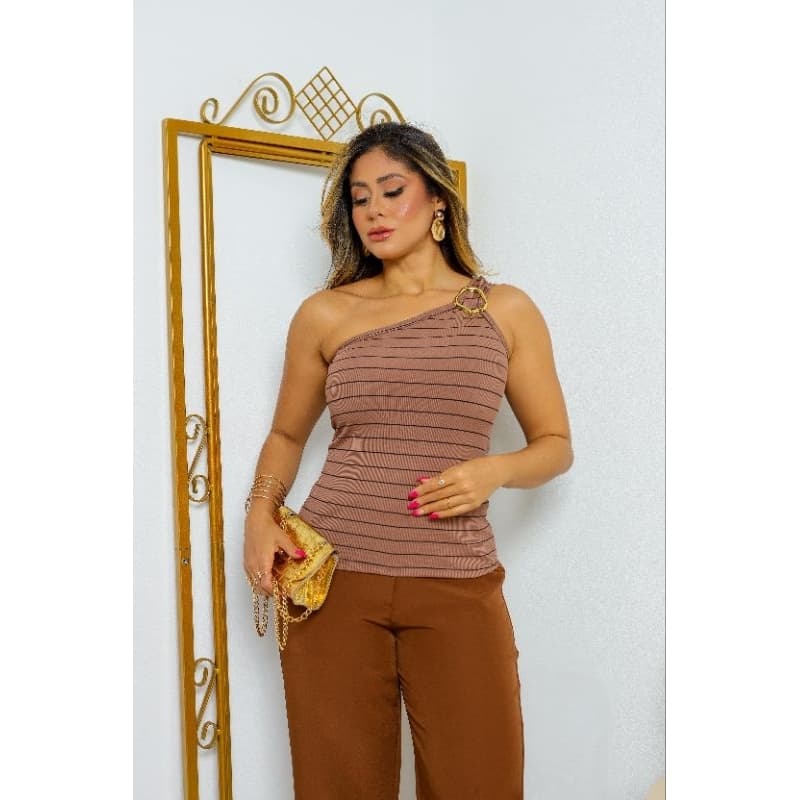 Blusa Feminina Mula Manca com Argola Dourada Elegante Ombro Só Nula Manga Social Suplex Premium Moda