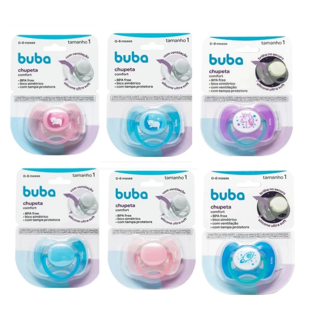 Chupeta Buba Comfort Ultra Soft Silicone Tamanho 1 e 2 – Brilha no Escuro, Livre BPA