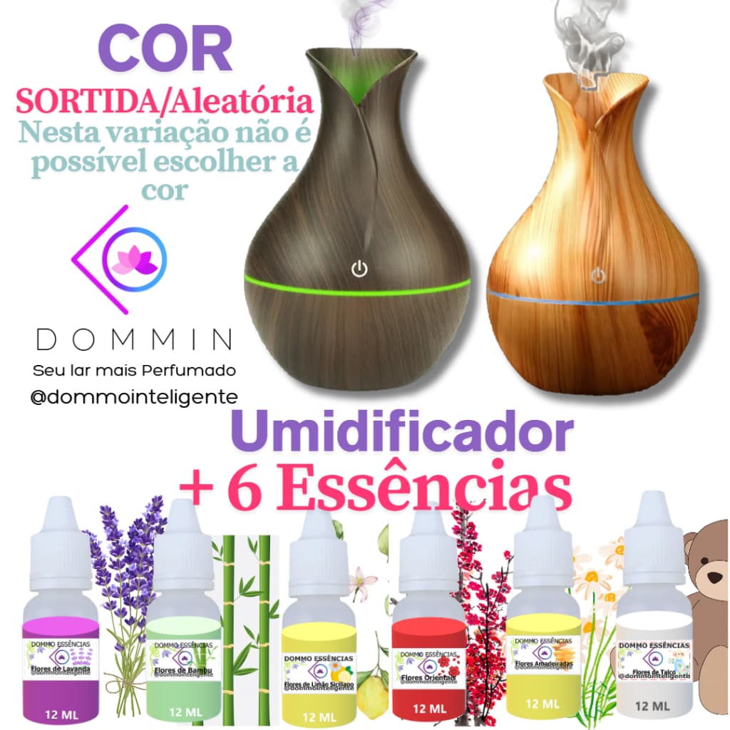 Umidificador de Ar led + Essências | Difusor Aromatizador RGB 200ml com Até 6 Essências Aromas