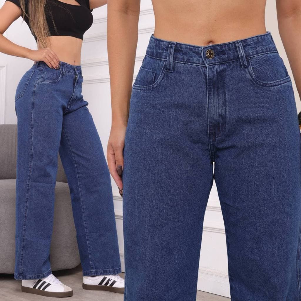 Calça Wide Leg Jeans ESCURA Cintura Alta Sem lycra