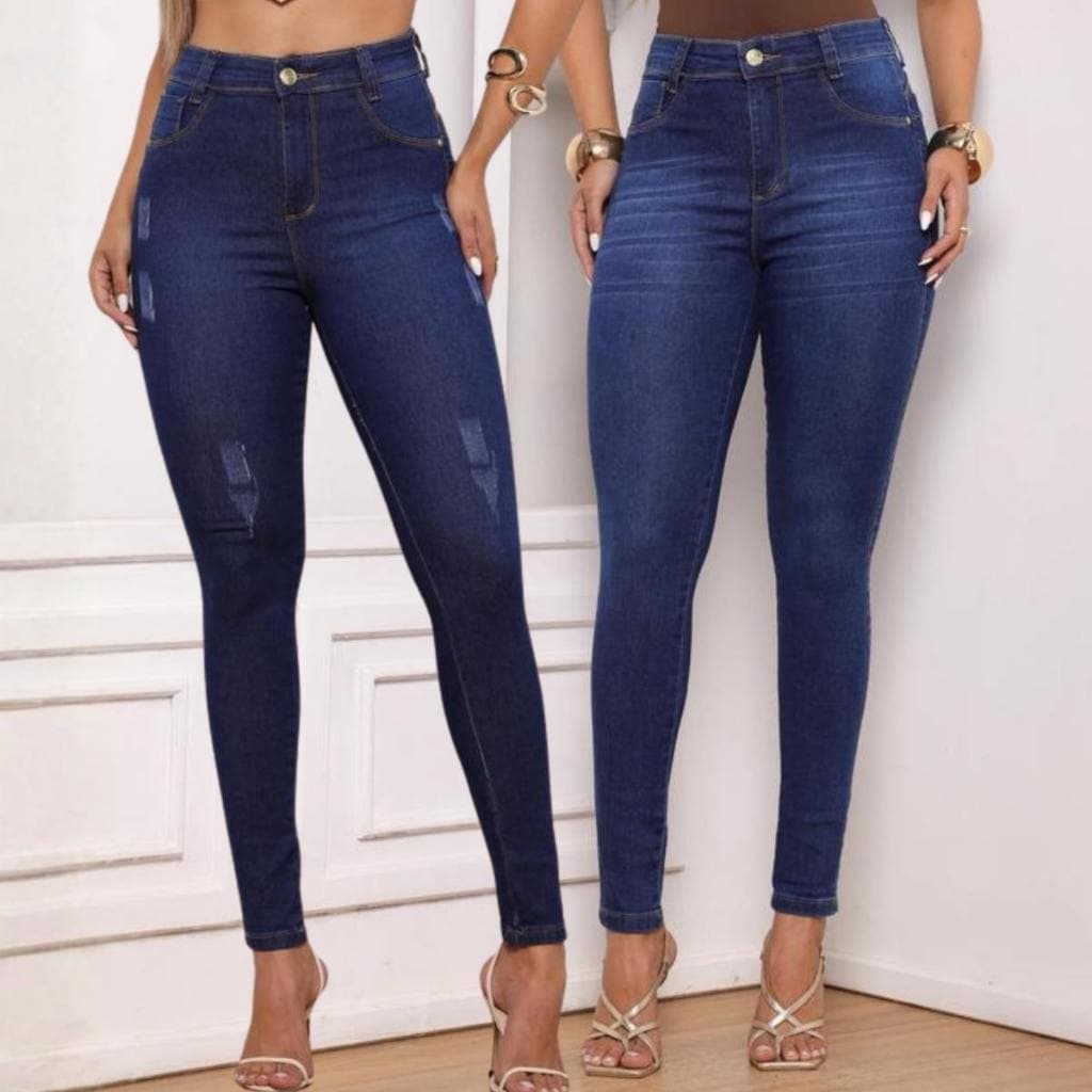 Kit 2 Calças Jeans Skinny Bigode e Puido escuro trio jeans Cintura Alta Efeito Levanta Bumbum