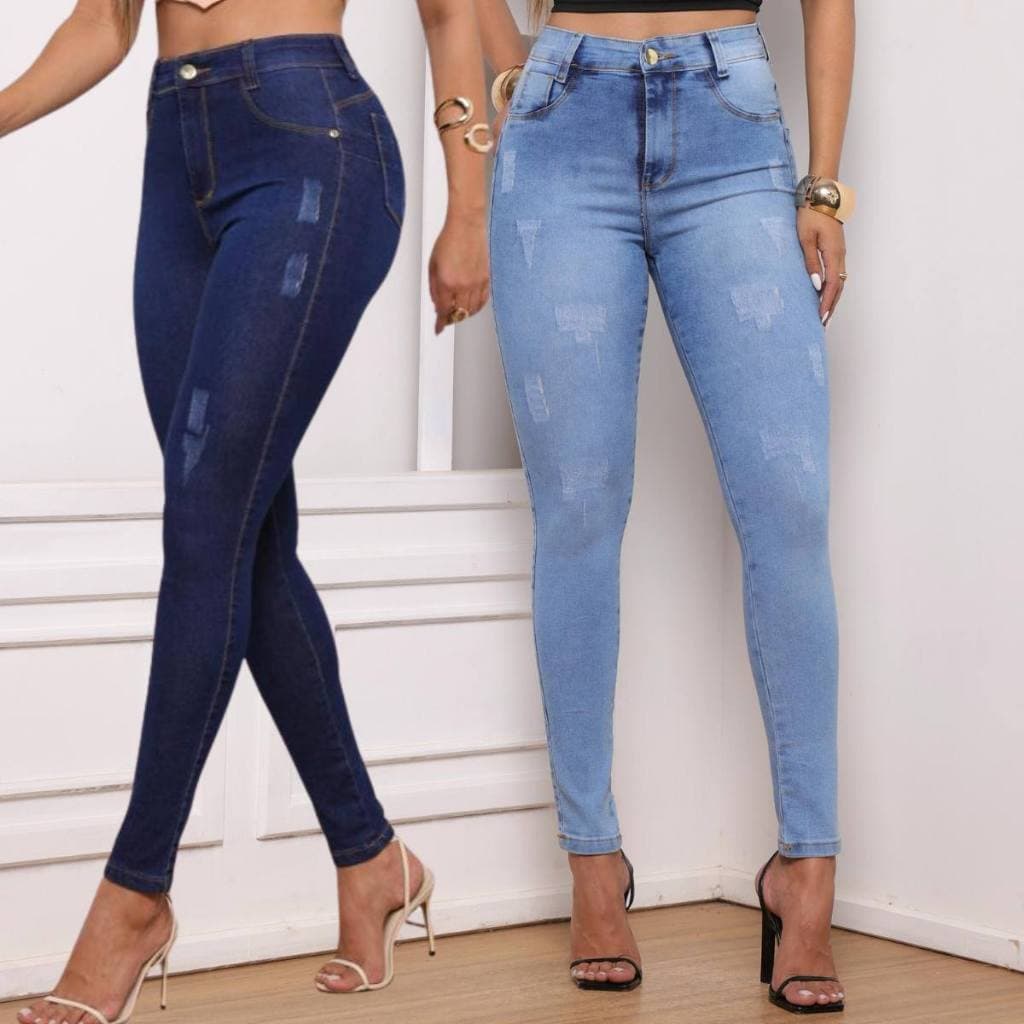 Kit 2 Calças Jeans Skinny Clara+Puido trio jeans Cintura Alta Efeito Levanta Bumbum