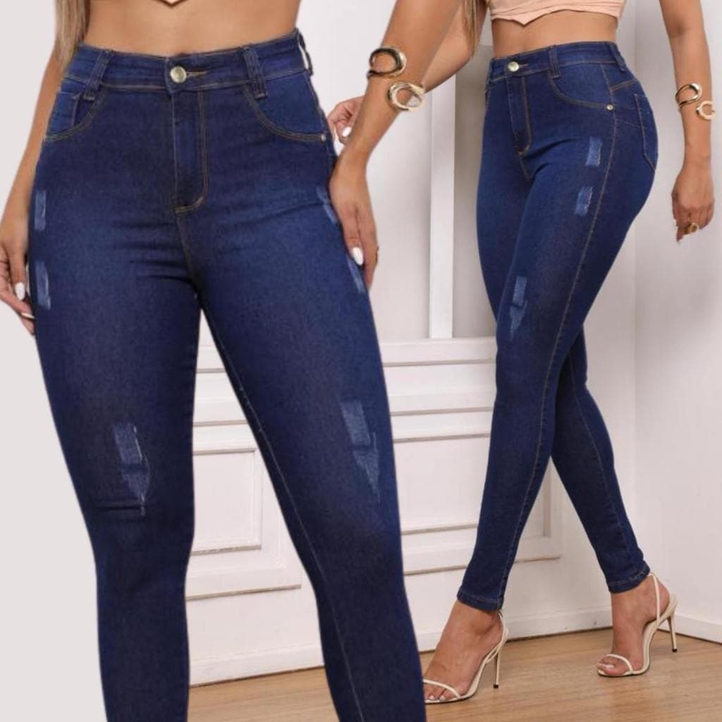 Calça Feminina Skinny  jeans Puido Elastano Cintura Alta Efeito Levanta Bumbum