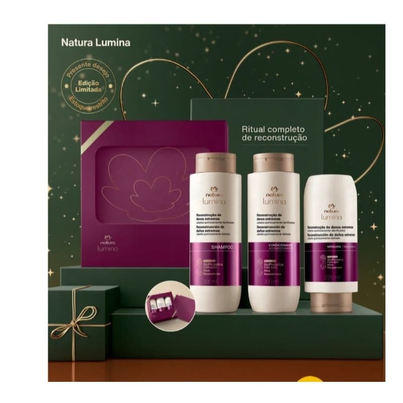 Kit lumina:1 Shampoo reestruturante 300 ml+ 1 Condicionador provitalidade 300 ml+1 Máscara potencializadora 220 ml