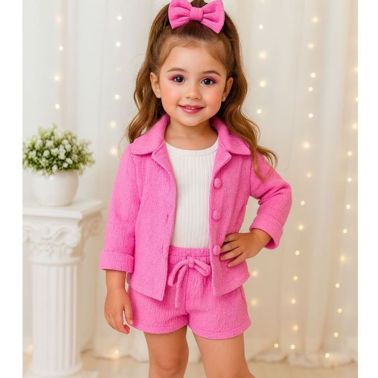 Conjunto Infantil de Menina Kimono + Blusa Branca + Shorts e Lacinho