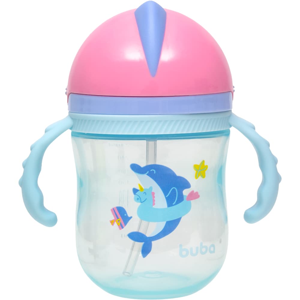 Copo Infantil Com Alça Removível e Canudo Em Silicone Baleia Rosa 300ml - Buba