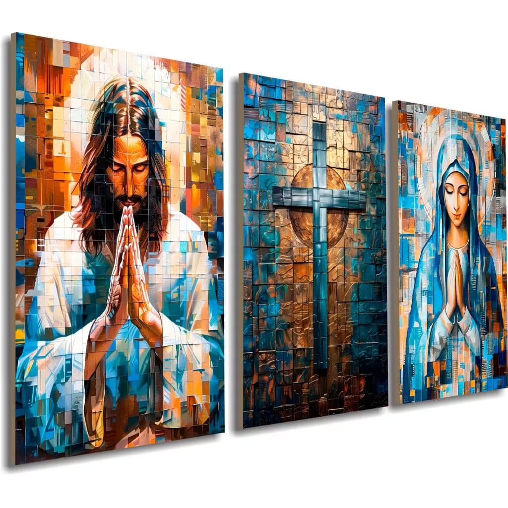 Quadro Decorativo Religioso Jesus Cristo e Maria Cruz Sagrada Fé Amor Decoração Sala Quarto