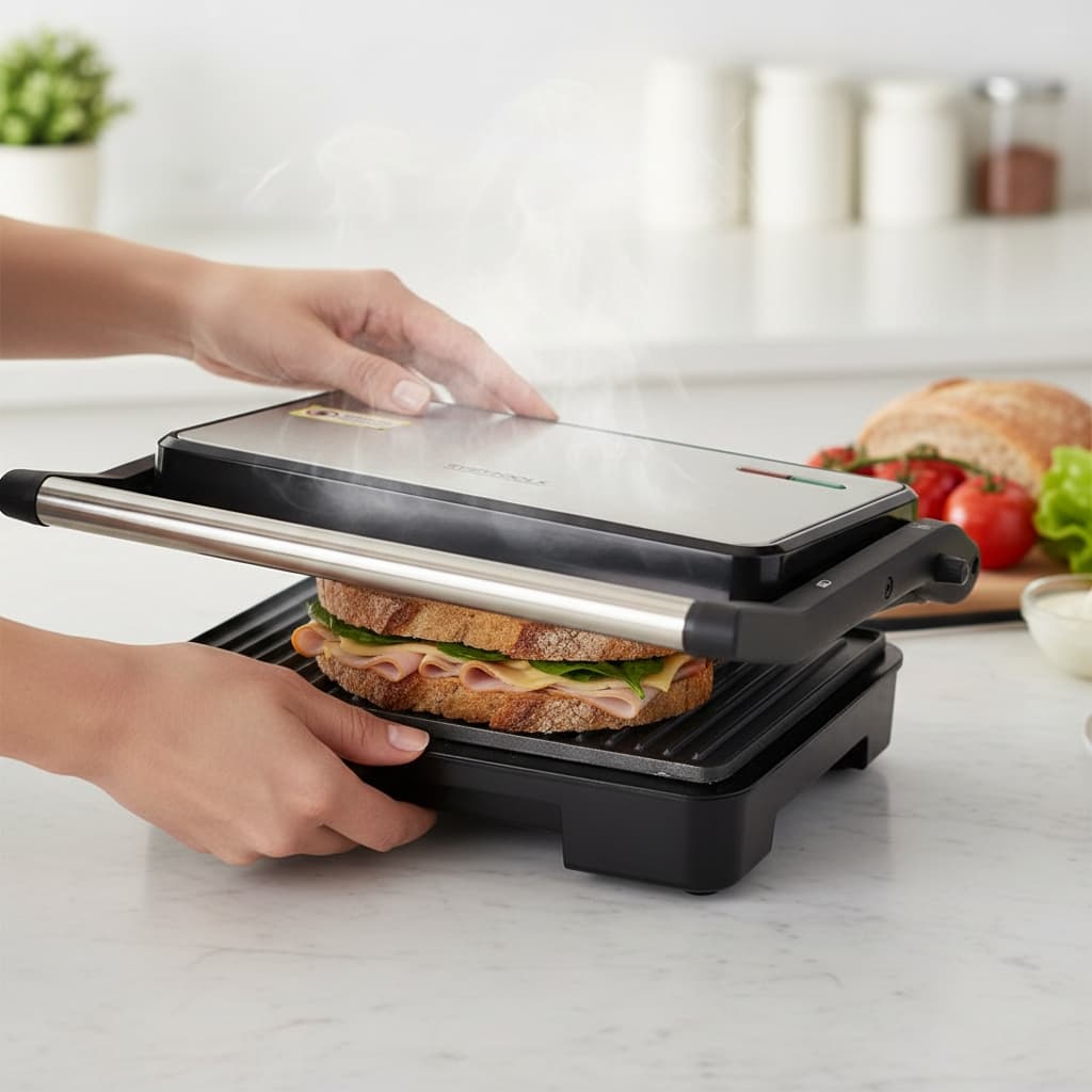 Sanduicheira Grill Eletrica 1000W Inox 110V 220V Antiaderente Rápida Compacta Alta Potência