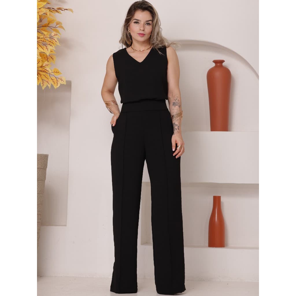 Conjunto Feminino Pantalona Blusa Regata Decote Elegante Social