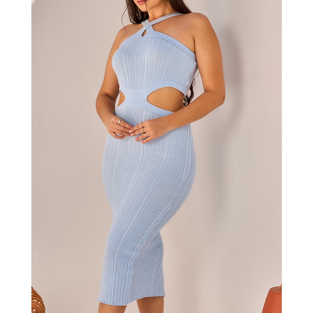 Vestido Midi Feminino Verão Tricot Modal Canelado com Recorte na Cintura e Alça Cruzada Elegante