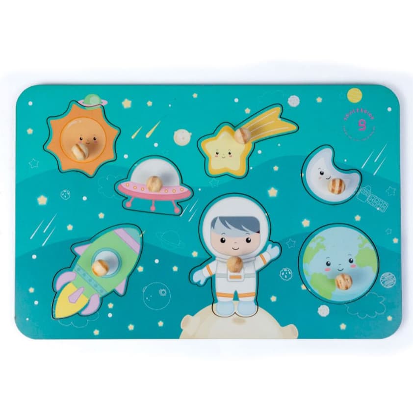 Jogo de Encaixe Espaço Sideral com Pinos | 7 Peças Madeira Reflorestamento Educativo 20x30cm