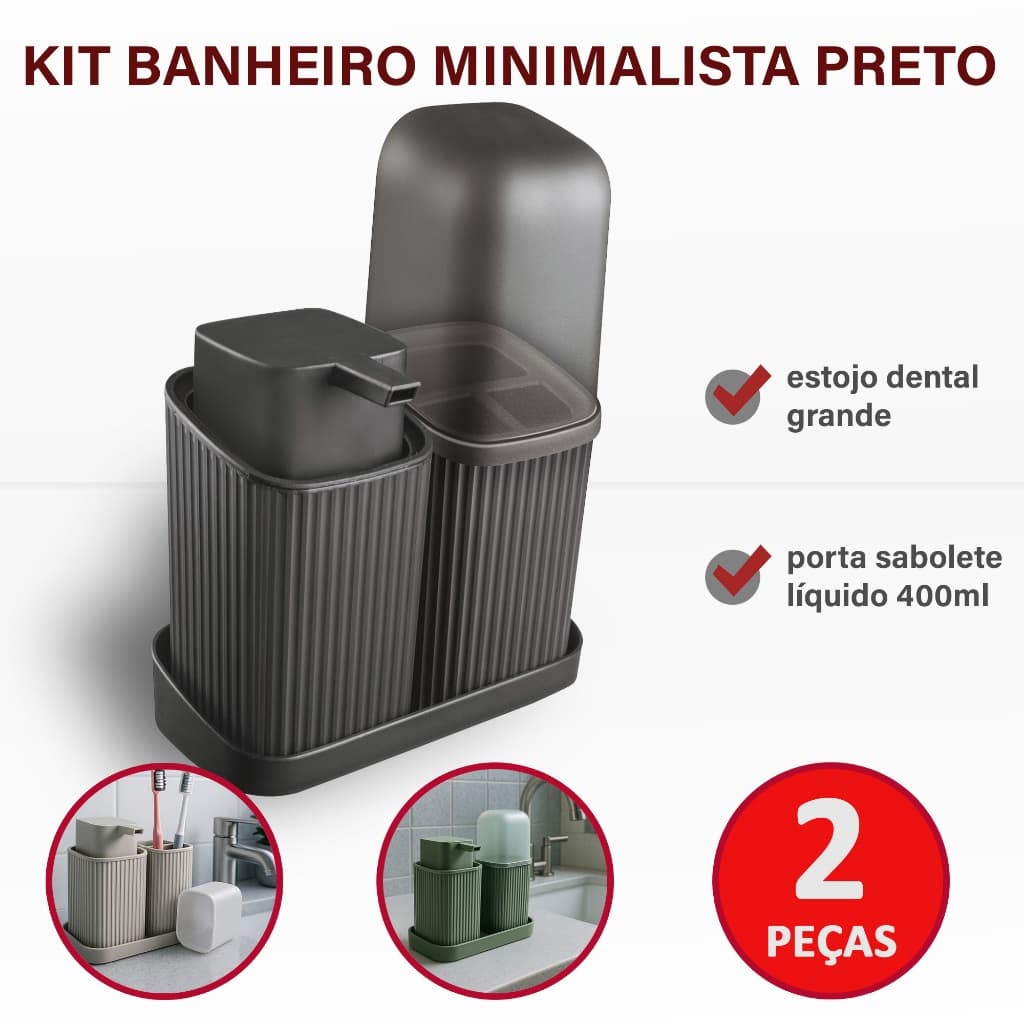 Kit Banheiro Minimalista Usual Dispenser Sabonete 350ml Porta Escovas e Bandeja Cores Variadas