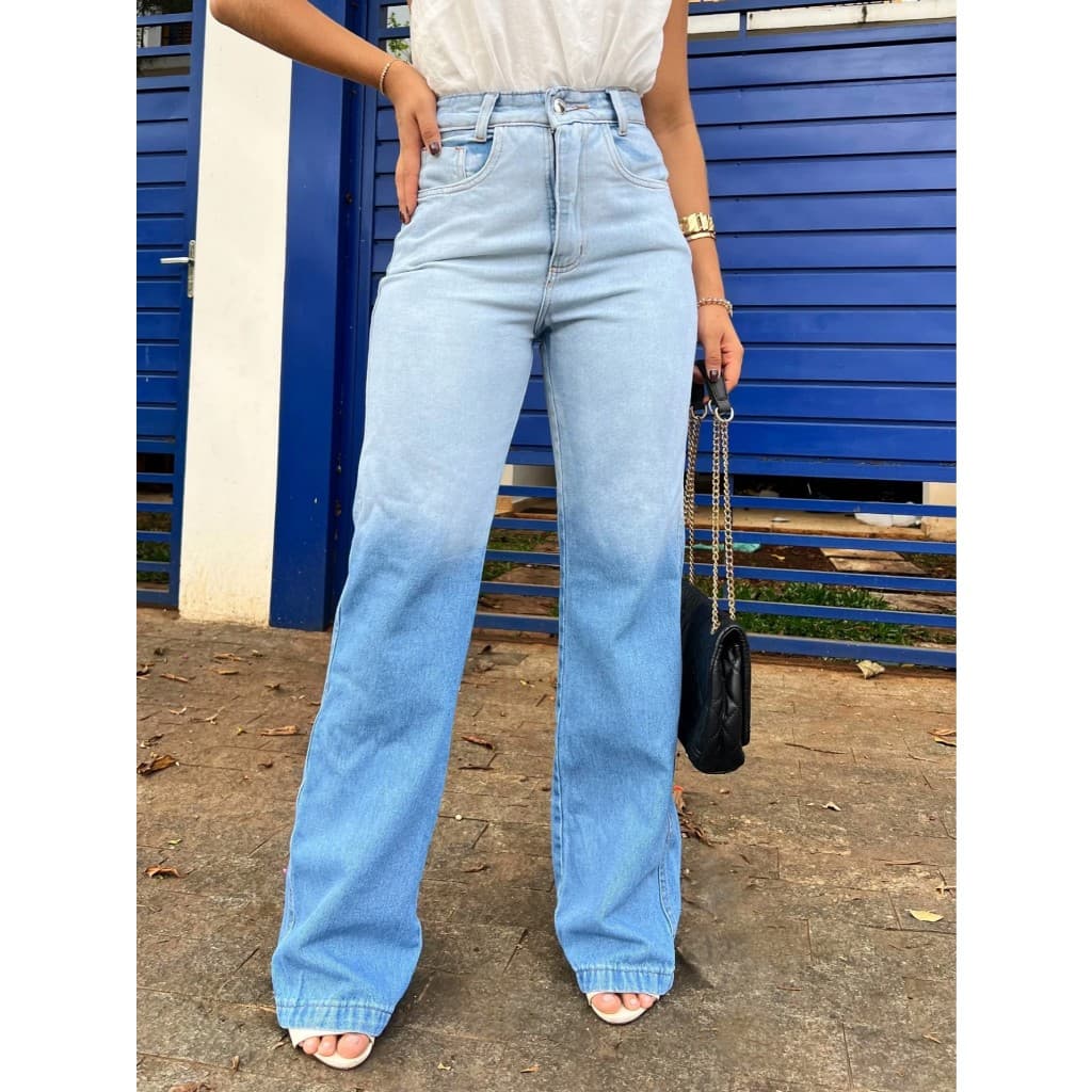 Calça Jeans cintura alto Gradiente de cor das calças /Calça wide leg/Calça jeans pantalona Femininos Jeans sem lycra