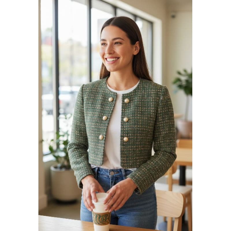 Blazer Feminino Curto Cropped Elegante em Malha Tweed e Crepe Casaquinho Casaqueto Bolero