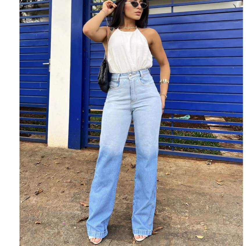 Calça Jeans Gradiente calças  cintura alto /Calça wide leg/Calça jeans pantalona Femininos Jeans