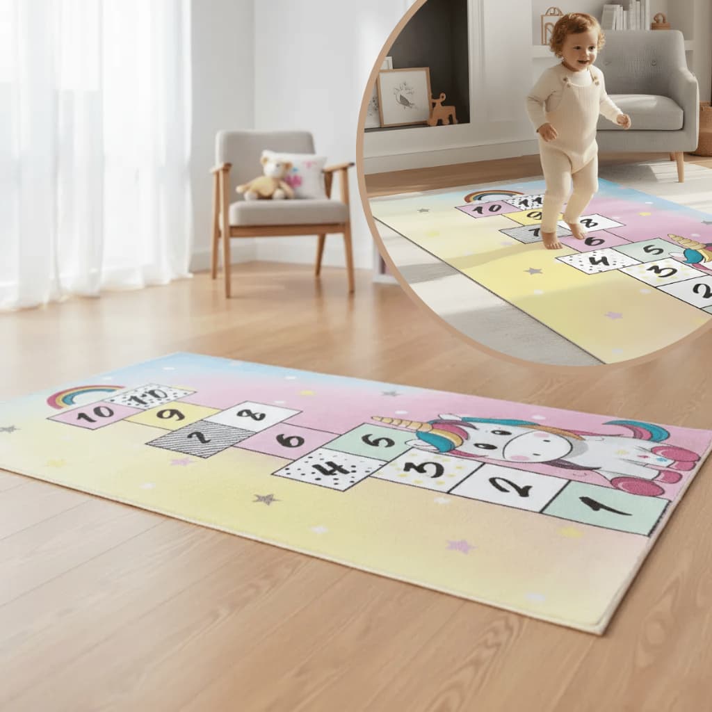 Tapete Divertido Quarto De Criança Infantil Antiderrapante 118 X70 amarelinha unicórnio