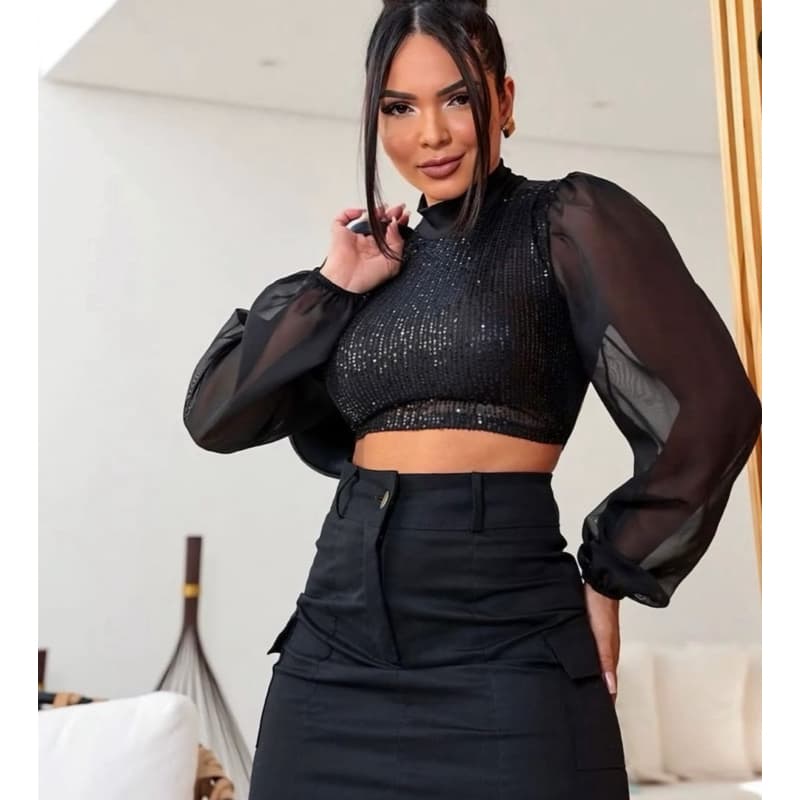 Cropped Luna Preto e prata moda balada moda festa