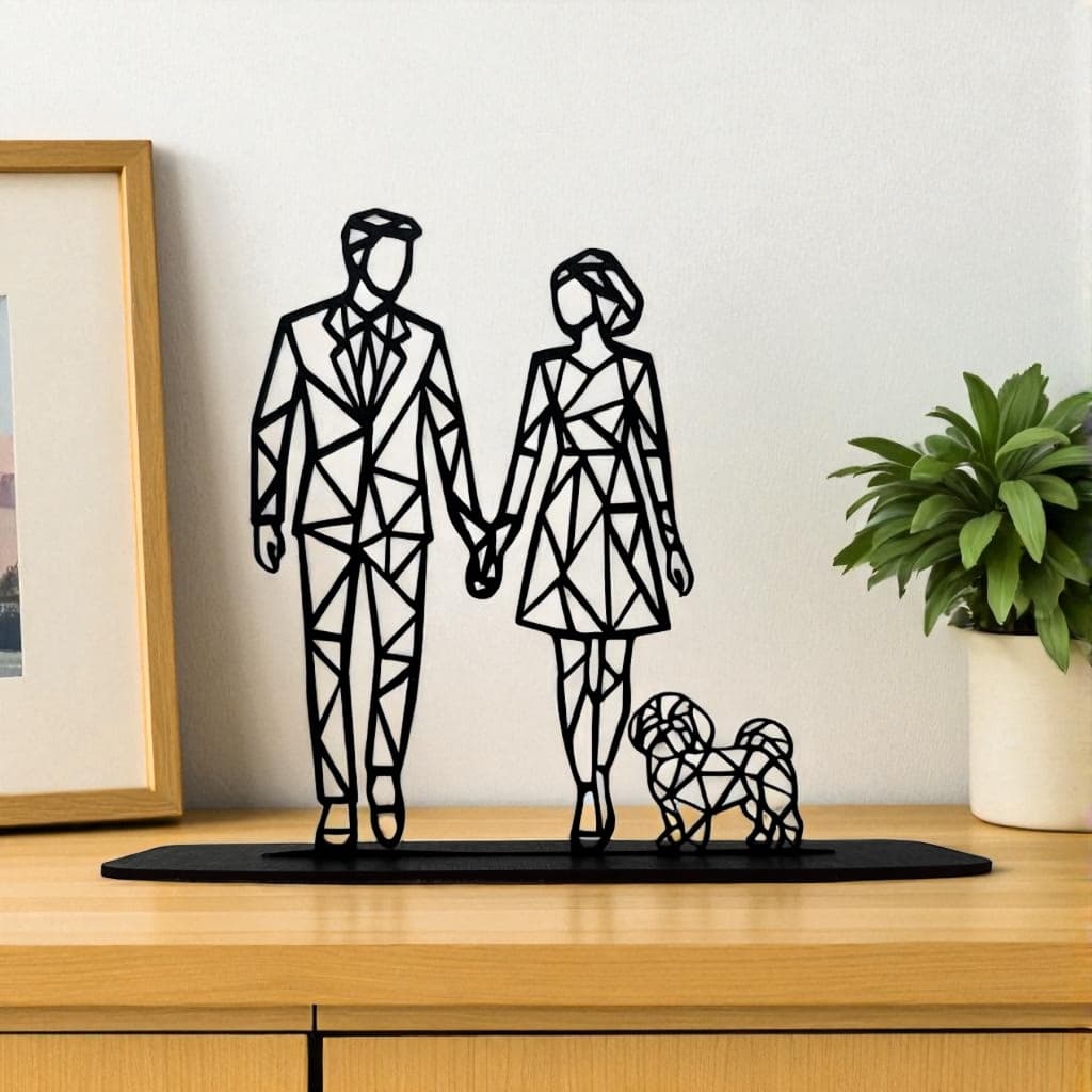 Escultura Casal com Cachorro em MDF Preto Geométrico – Decoração Moderna e Minimalista