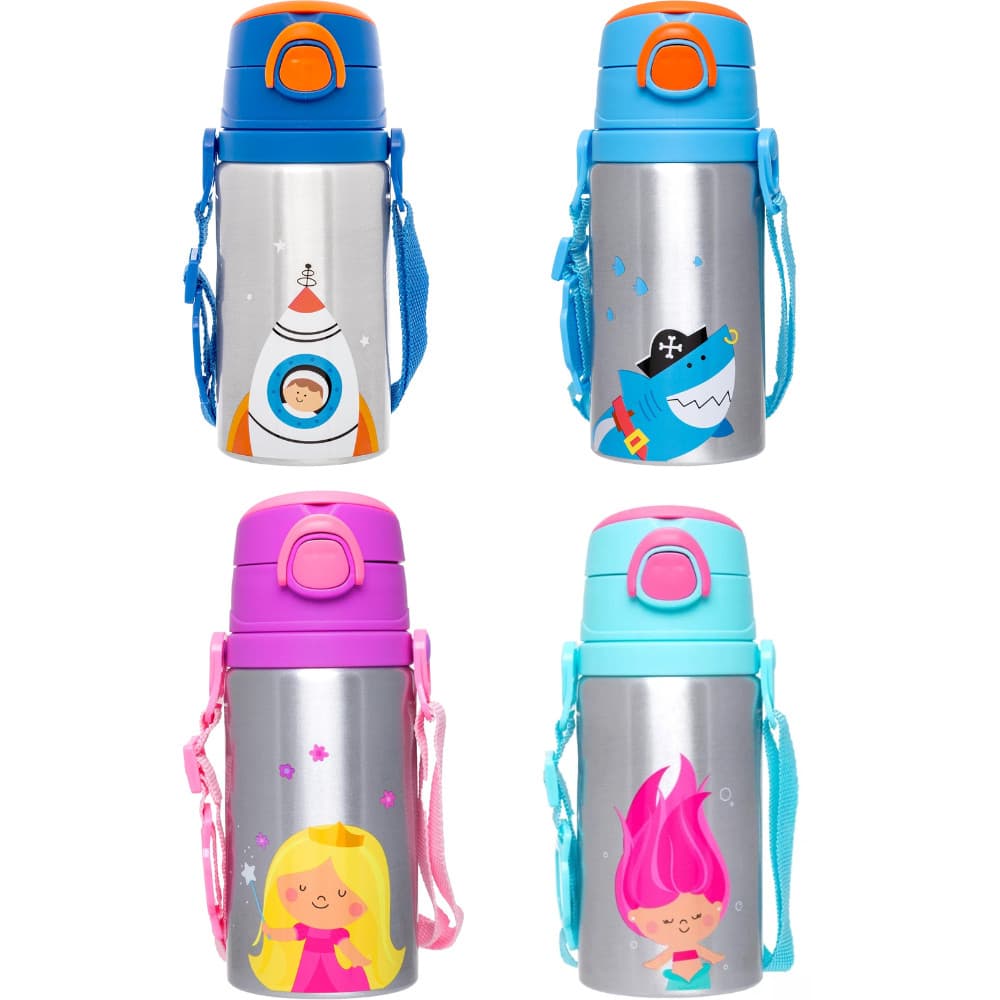 Garrafinha Infantil Alumínio 450ml Buba Canudo Retrátil | Princesa Sereia Pirata Astronauta