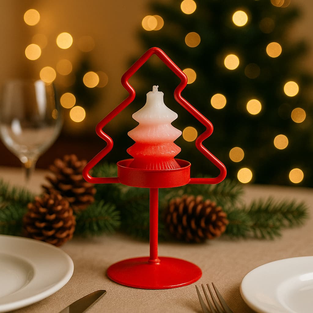 Castiçal Árvore de Natal em Metal 12 cm com Vela Pinheiro  – Decoração Natalina, Mesa Posta, Centro de Mesa