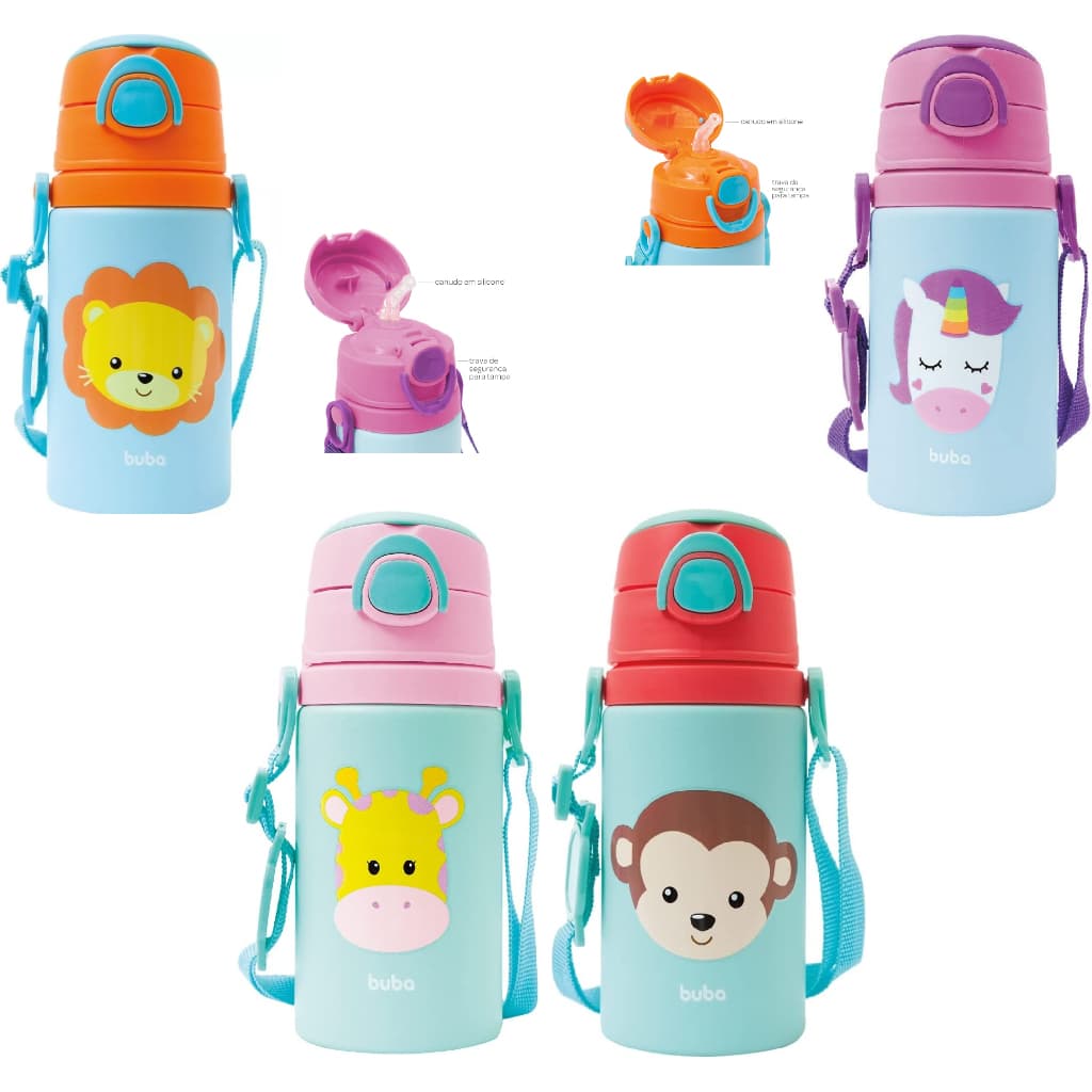 Garrafinha Escolar Buba 450ml Alumínio | Animal Fun Canudo Silicone | Alça Trava Infantil