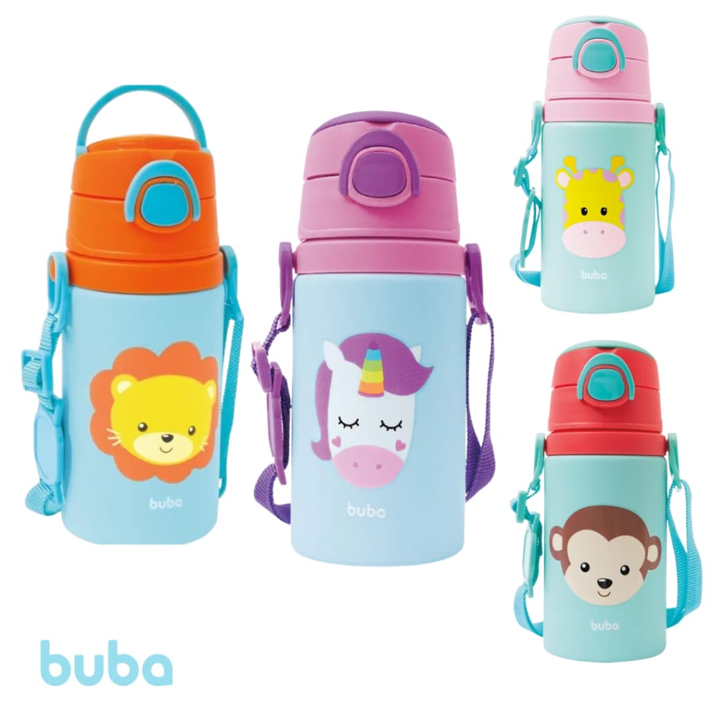 Garrafa Infantil Buba Animal Fun 450ml | Alumínio Canudo Protegido | Escolar Alça Antiqueda