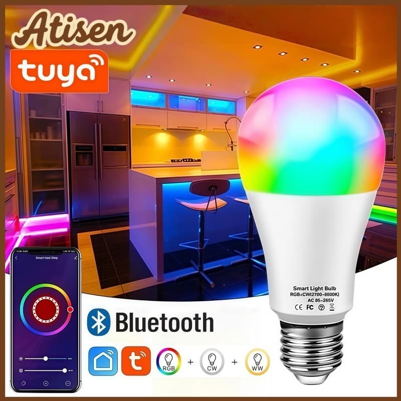 Lâmpada LED Inteligente Tuya E27 RGB Regulável Bluetooth Com APP E Controle De Voz Cores Quentes E Coloridas