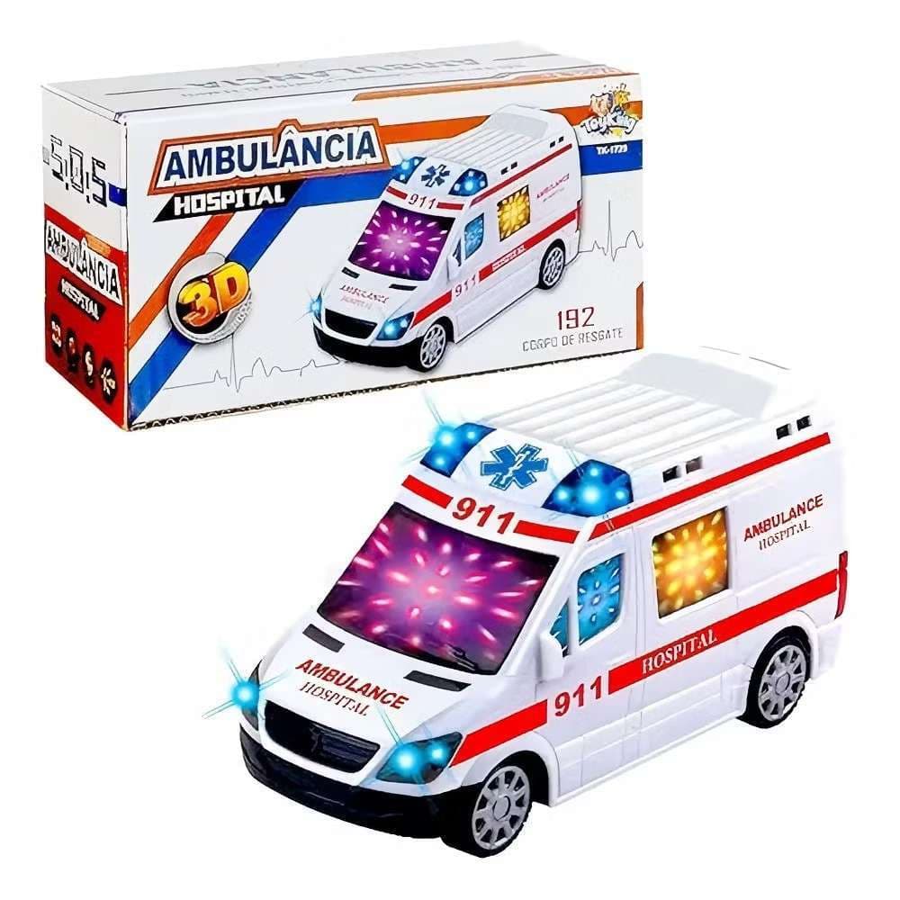 Ambulância musical infantil com rotação de 360° e luzes LED e sons.