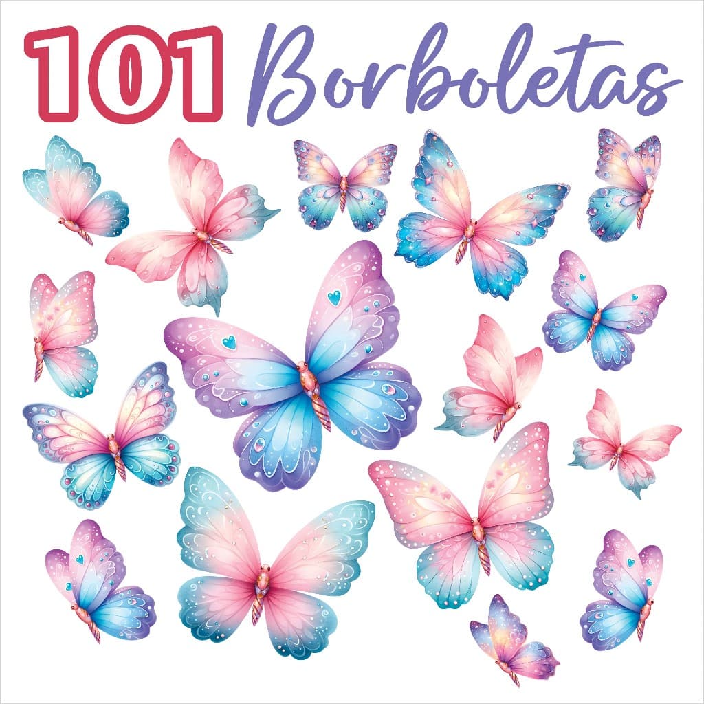 101 Adesivos De Parede Borboletas Decoração Quarto Infantil Feminino Tons Azuis e Rosas