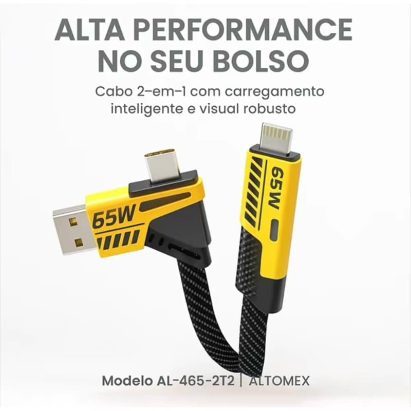 Cabo Reforçado TURBO 65W 5A USB-A P/Tipo C + Lighting