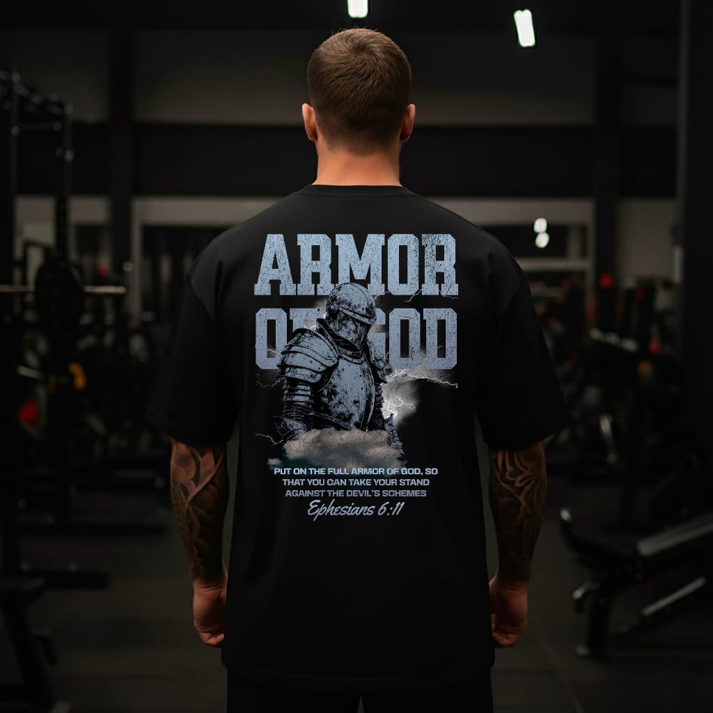 Camiseta Oversized Armor Of God Armadura De Deus Estampa Cristã Religiosa Blusão Malha Grossa