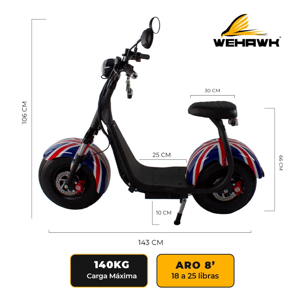 Scooter Compacta Moto Elétrica WeHawk X-07 1000W 60V 20Ah – 32km/h, 1 Lugar, Freio a Disco