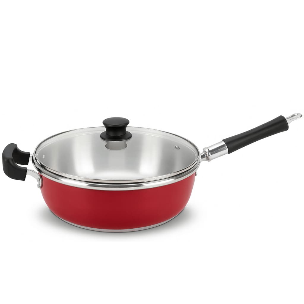 Frigideira Frigidera Fritadeira Grande Grossa Alumínio 30cm Com Tampa de Vidro Cor Vermelho