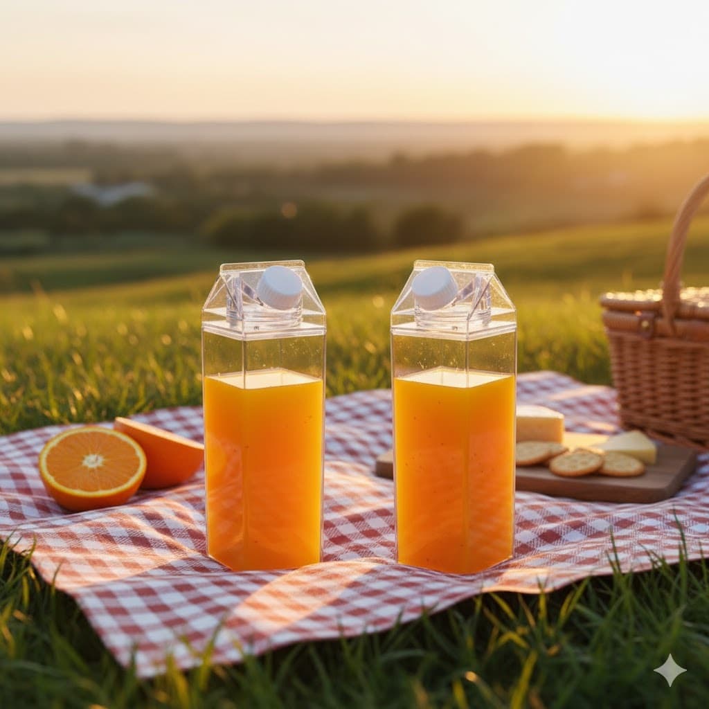 Garrafa Acrílica Formato Caixa de Leite Vedação Transparente 1 Litro Água suco Iogurte Drink leve