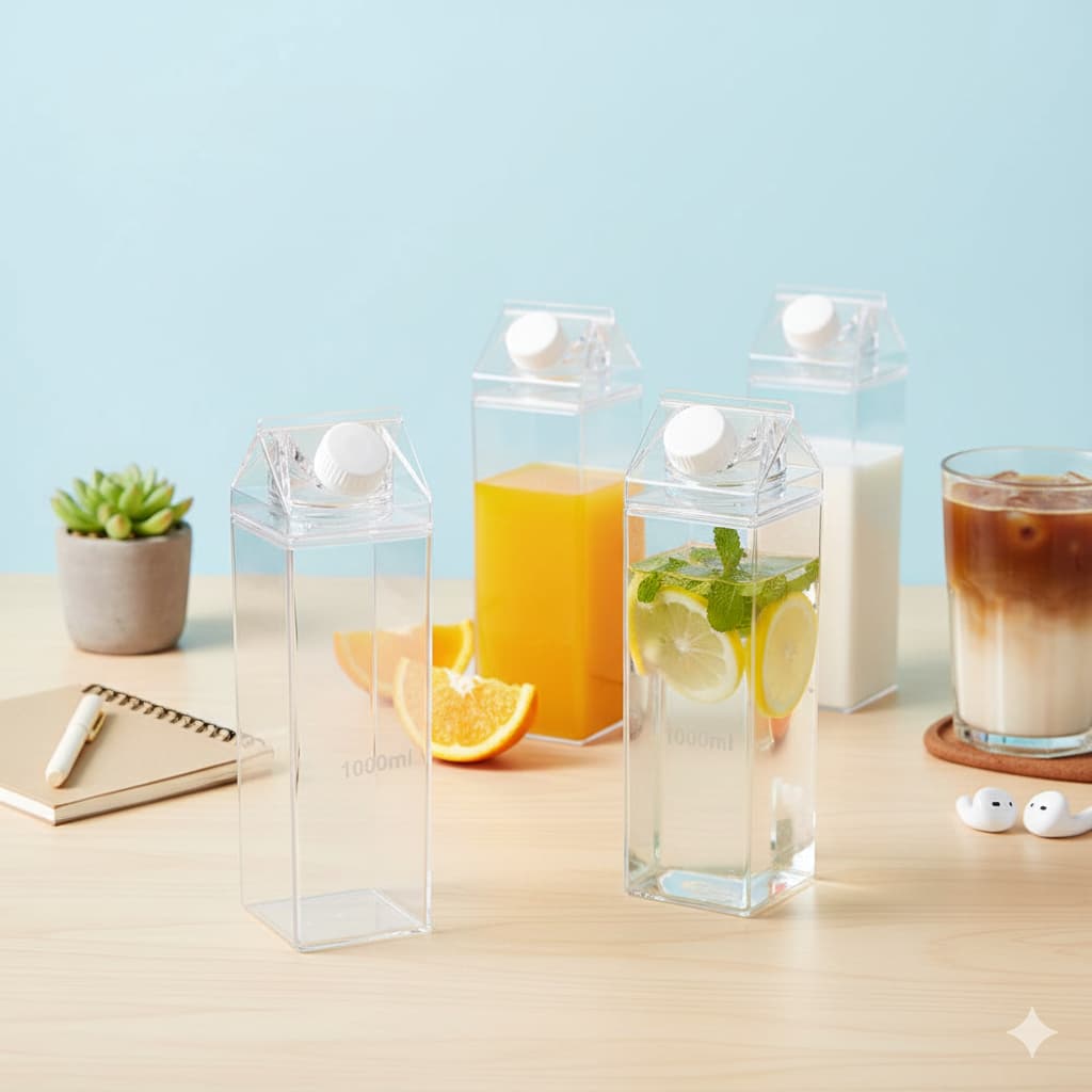 Kit 2 Garrafas Formato Caixa de Leite Acrílico Transparente Vedação Geladeira Suco Água Iogurte