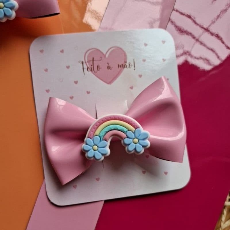 Laço de cabelo infantil menina arco-íris e floras
