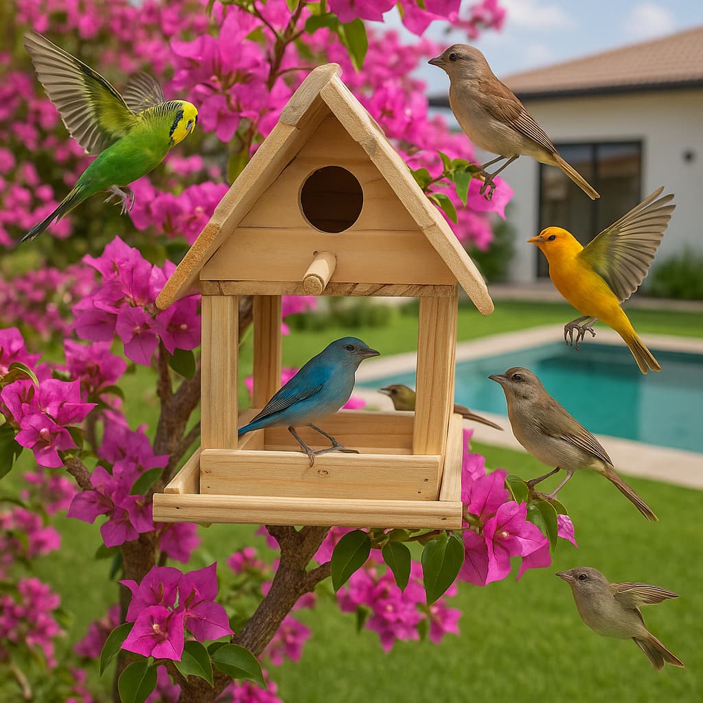 Comedouro e Casinha Para Pássaros Decorativo em Madeira Pinus com Poleiro - ENVIO RAPIDO