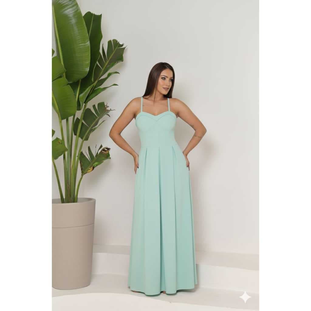 Vestido Longo Feminino em Duna Forrado Com Detalhe no Busto Decote V Alça Regulável - Moda Casual