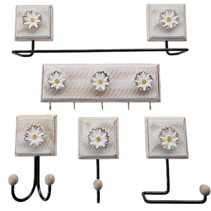 Kit Para Casa 5 Peças Artesanato Rústico Flor Madeira Decoração Banheiro e Cozinha