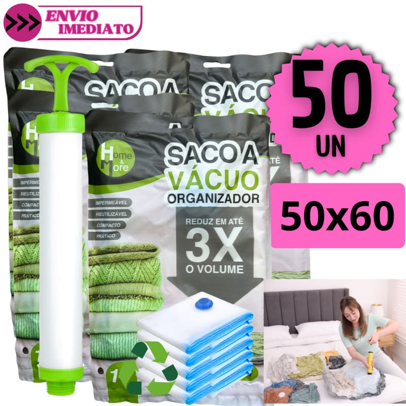 Kit 50 Sacos a Vácuo Organizadores 50x60 Bomba Manual Reutilizável Viagem Guarda Roupas Compacto
