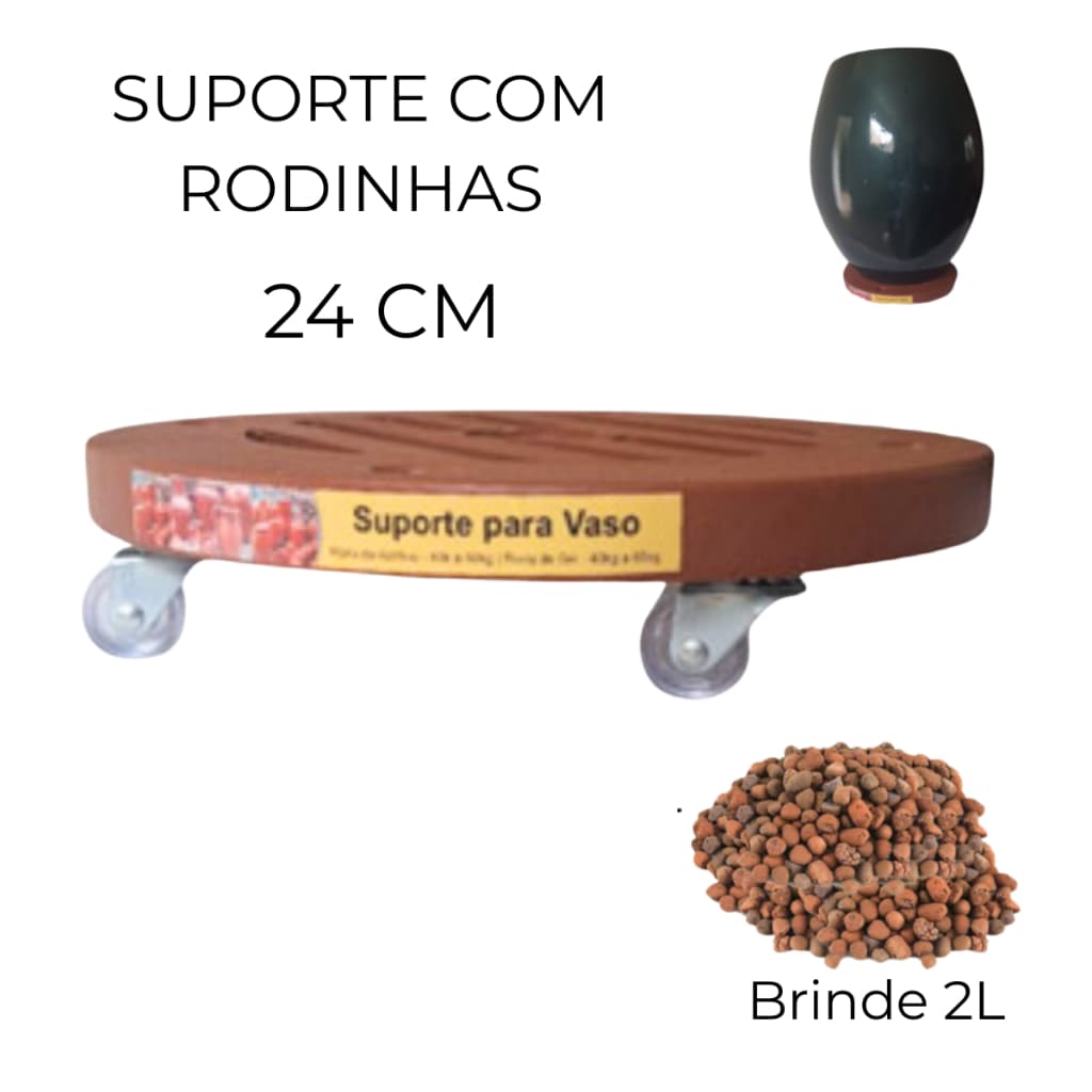 Suporte 24cm Para Vaso de Planta com Rodinhas Acrílica  Rodizio Giratório Cristal Transparente + 2L Argila Expandida