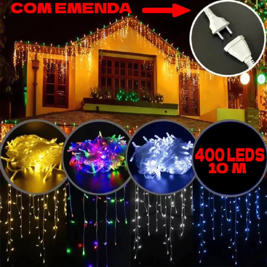 Cascata 400 Led 10m 8 Funções Prova D'agua 110/220 Decoração Natalina Blindada C/ Conector Macho Femea Todas Cores