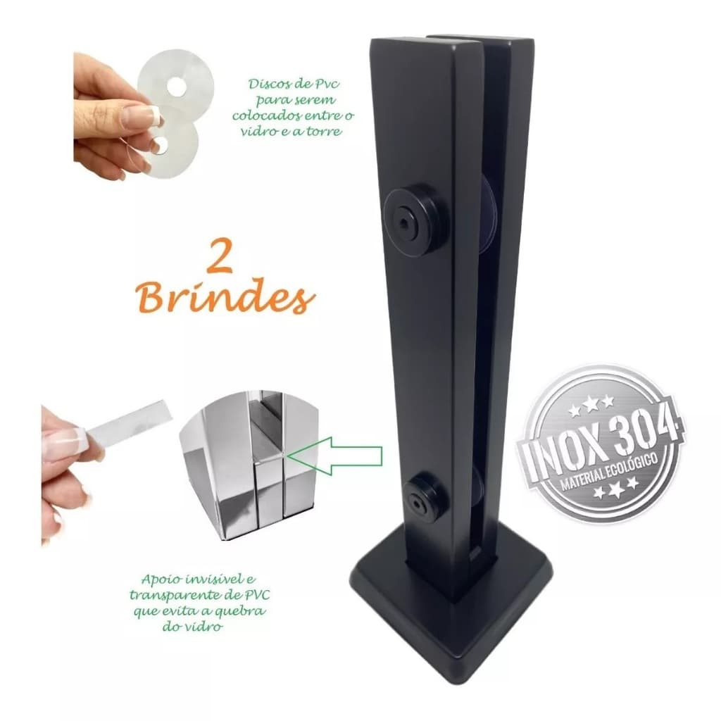 Kit 10 Coluna Torre de Inox 40 cm PRETO FOSCO para Guarda Corpo de vidro.