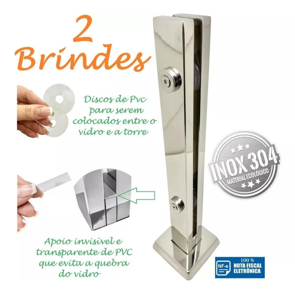 Kit 10 Coluna Torre de Inox 40 cm INOX 304 POLIDO para Guarda Corpo de vidro.