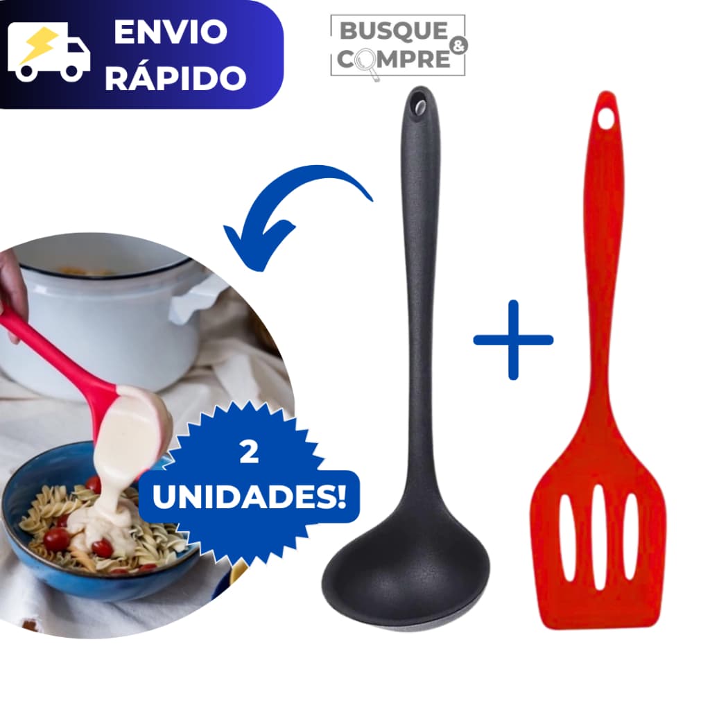 Concha Redonda de Silicone + Espatula de Silicone Vazada Vermelha e Preta para Feijão e Carne