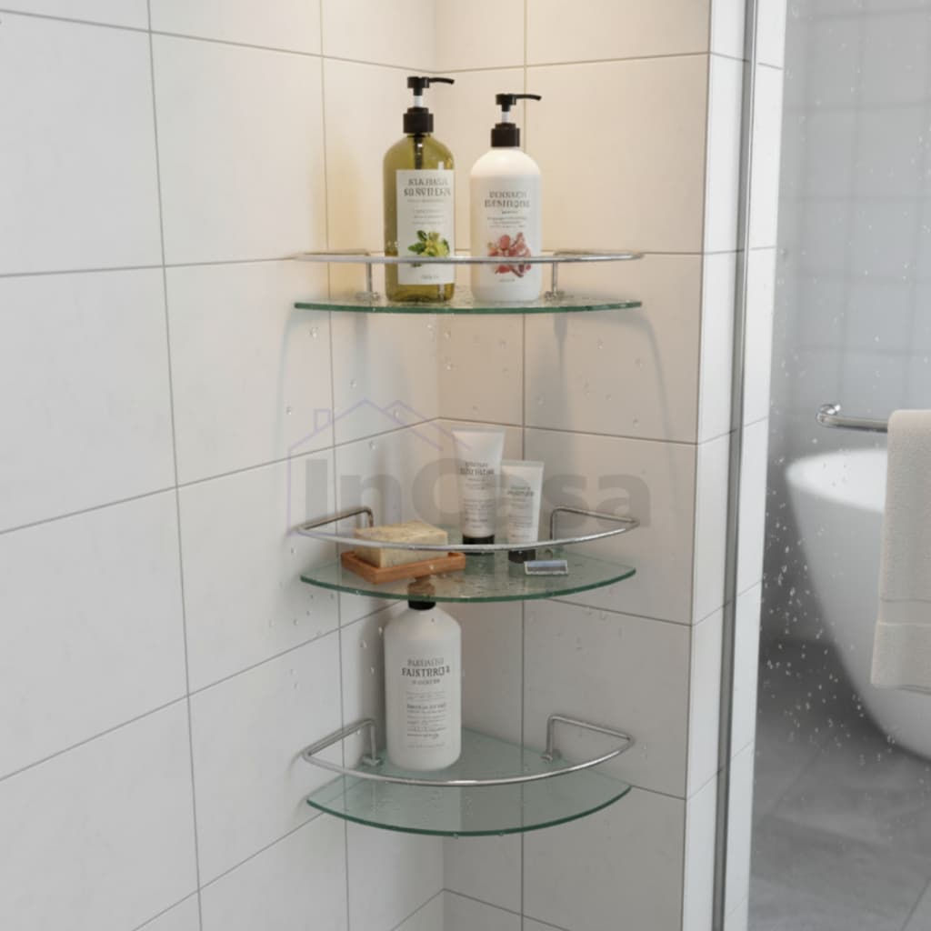 Kit 03 Porta Shampoo de Canto em Vidro com Suporte em Alumínio Cromado Prateleira de Vidro para Banheiro
