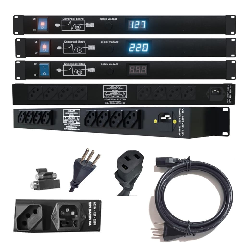 Regua AC Padrão Rack Distribuidor C/ 8 Tomadas  AC 3000-8T Com 8 Entradas 10A  1250W 110V 2500W 220V
