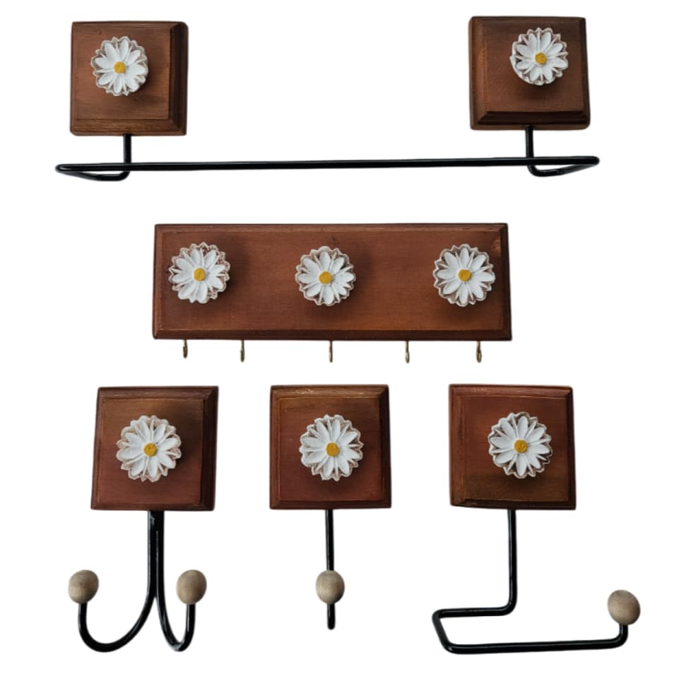 Kit Para Casa 5 Peças Artesanato Rústico Flor Madeira Decoração Banheiro e Cozinha
