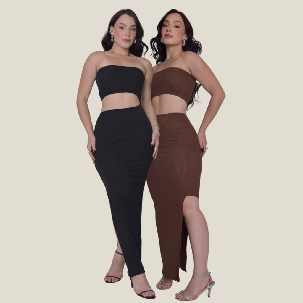 KIT 2 Vestido Grego Longo Tomara que Caia com Fenda Lateral em Tecido Canelado